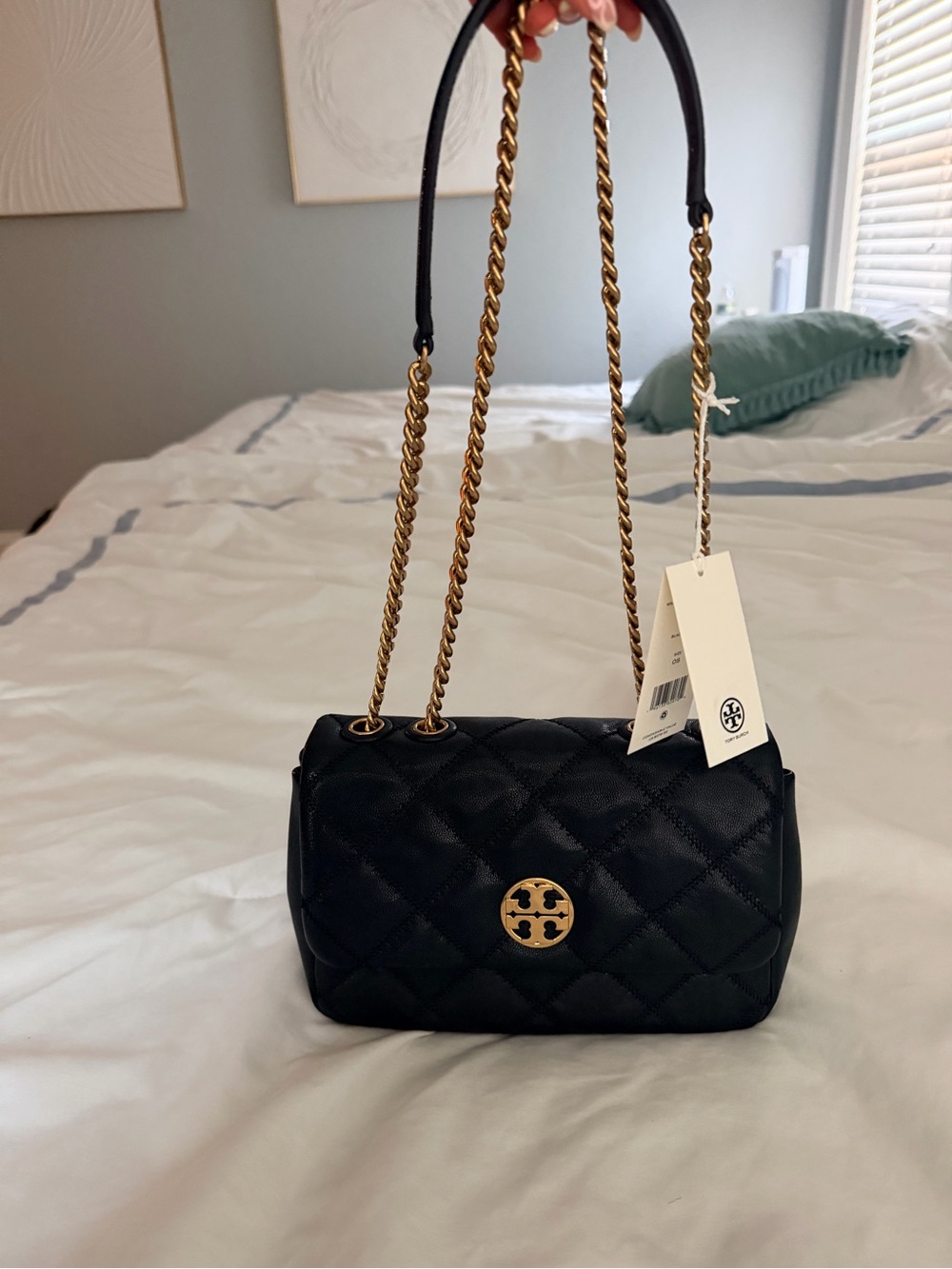 Tory Burch Black Quilted Shoulder Bag with Gold Chain
